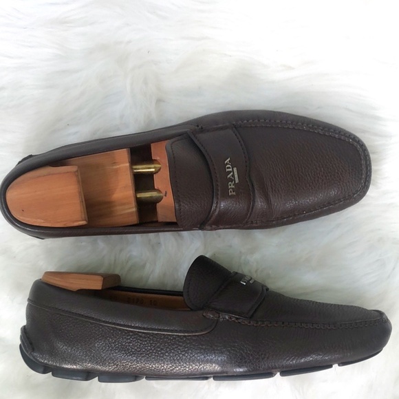 Prada Mens Brown Leather Round Toe Slip On Casual Loafer Shoes Size 10 Coa - Picture 7 of 10